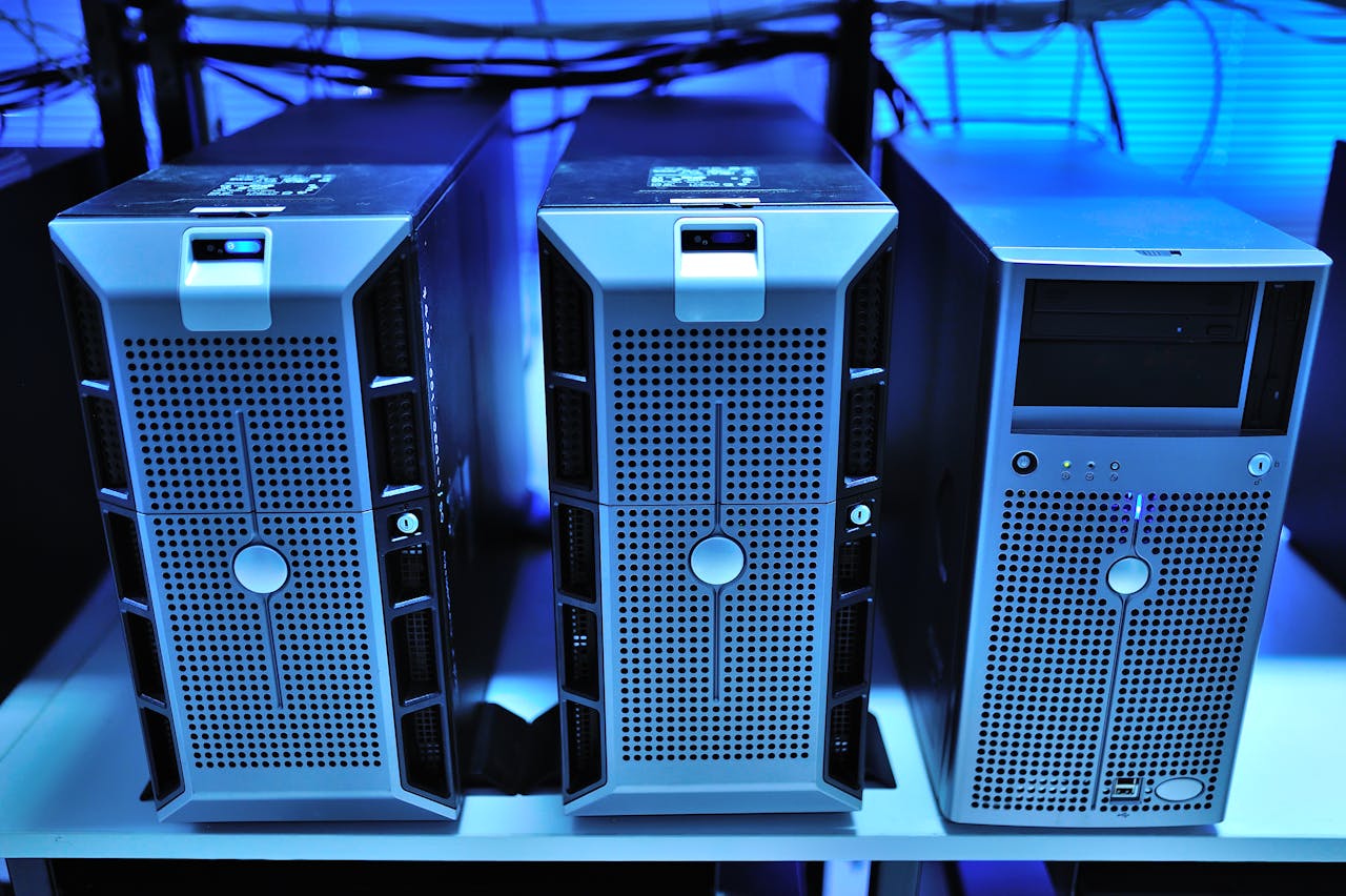 About Close-up view of modern rack-mounted server units in a data center.