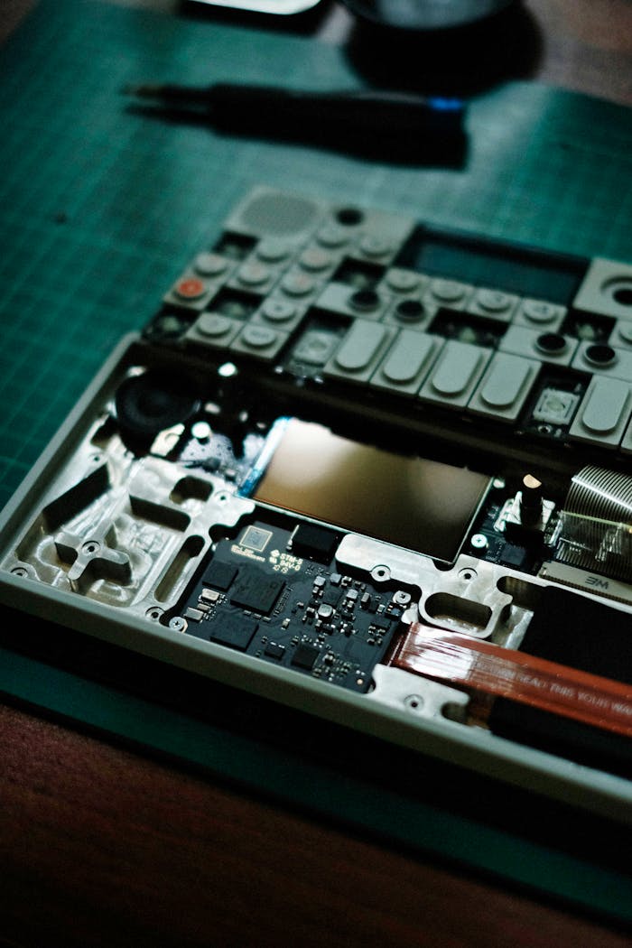Detailed view of an electronic device partially disassembled on a workbench. Circuit board exposed.